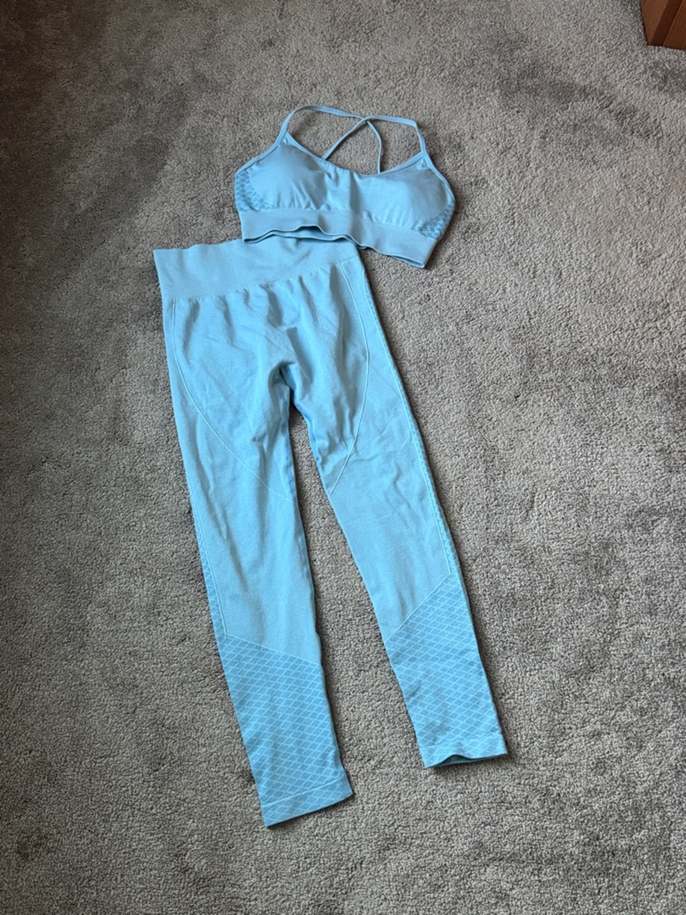 Blue Seamless Ribbed Activewear Set Sports Bra Leggings Workout Gym SIZE M
